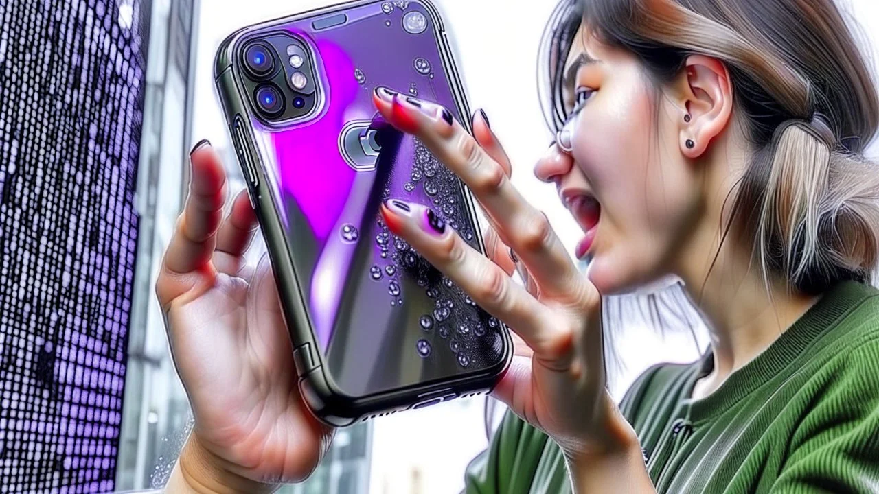 lady with oversized plump fingers getting iphone11 all full of dirty finger residue