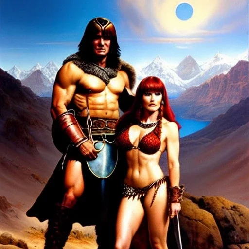 portrait of 'Conan and Red sonja',snow,mountains,horned helmet,ancient armor,painting by Earl Norem, simon Bisley,frazetta evan lee, Vallejo,kelly oil on canvas, cinematic composition, extreme detail,fit full head inside picture,8k