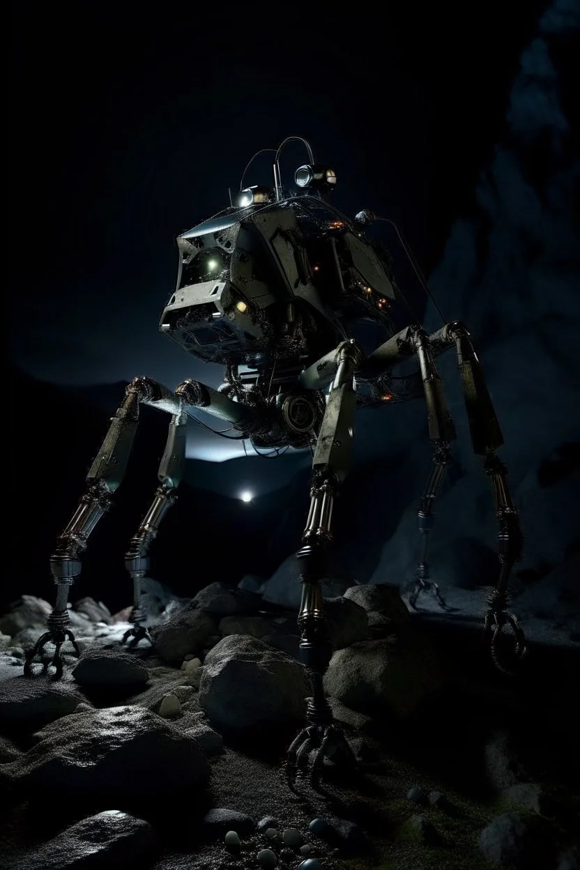 eight legged mechanical walker scaling a very steep rocky side of mout everest at night, it has a smooth surface, it has storage pods on its belly human can fit in the pods