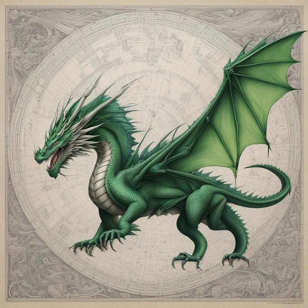 Blueprint: Behold the ultimate war machine - a technical drawing of a green dragon that will leave you in awe! With every intricate detail carefully etched onto the paper, this drawing showcases the sheer power and strength of this legendary dragon. From the massive wings to the heavy-duty scales, this beast is ready to take on any challenge thrown its way