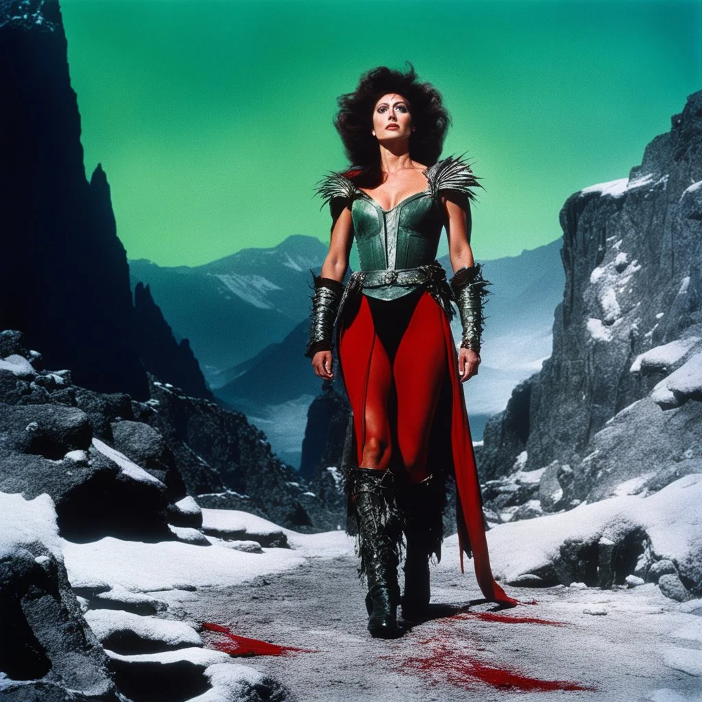 [Jason and the Argonauts (1963)] In the ruined North Pole, she stands like a dark deity of destruction, her sharp heels crushing shattered remnants of a forgotten festivity. A muscular faerie, her stripped leather armor stained with blood, her lithe frame wrapped in frayed crimson velvet, the edges dripping with viscous green sludge. Her glowing emerald eyes, full of malice, survey the wasteland as she grips a broad sword in one hand and a jagged candy cane in the other, both weapons dripping