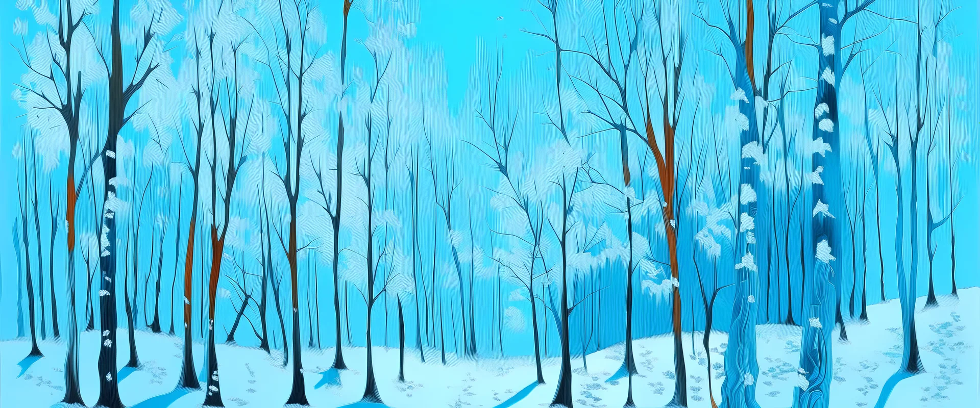 A light blue winter forest with falling snowflakes painted by Andy Warhol