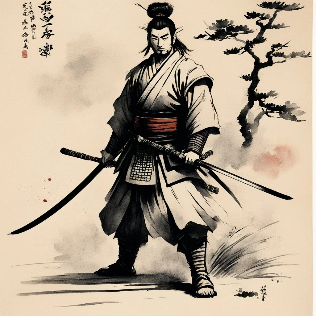 [traditional Chinese brush, expressive line, ink washes] the jodan no kamae: the samurai stands tall and proud, feet firmly planted on the ground. his katana is held high above his head, angled slightly forward, with the blade pointing menacingly towards the heavens. The grip is firm, yet relaxed, a subtle indication of the controlled ferocity that lies within.