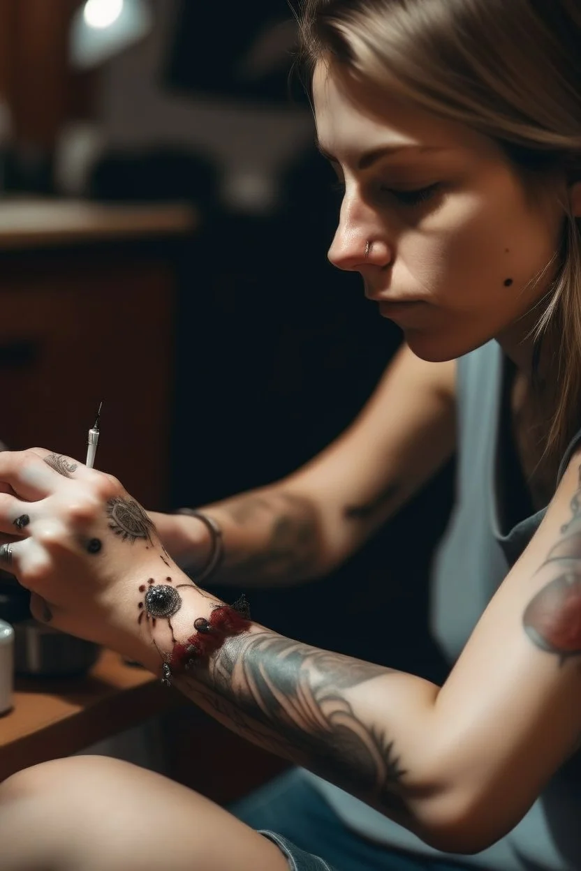 a dirty girl injecting a needle in her arm