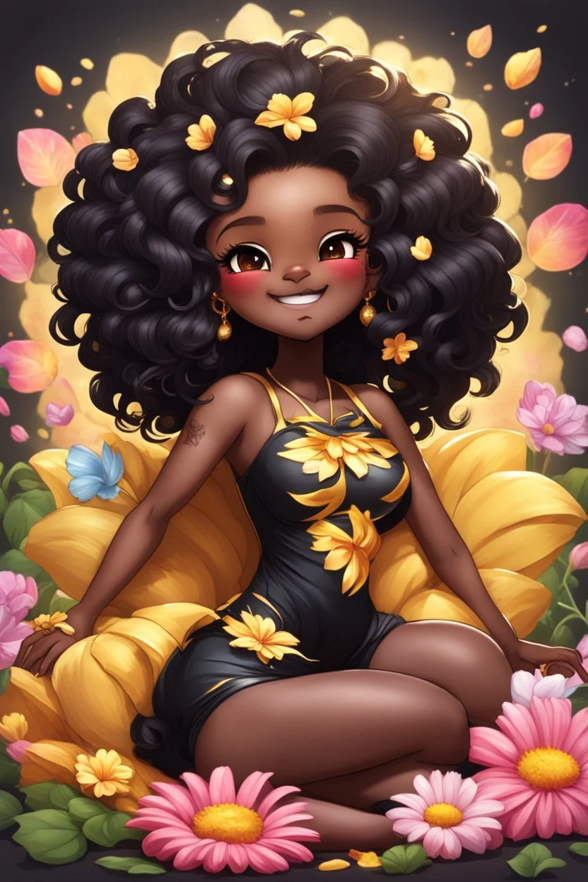 A sassy thick-lined airbrushed cartoon black chibi girl lounging lazily on her side, surrounded by flower petals. She has a golden lion tail curling playfully behind her curvy body. Looking up coyly, she grins widely, showing sharp lion teeth. Her poofy hair forms a mane framing her confident, regal expression.