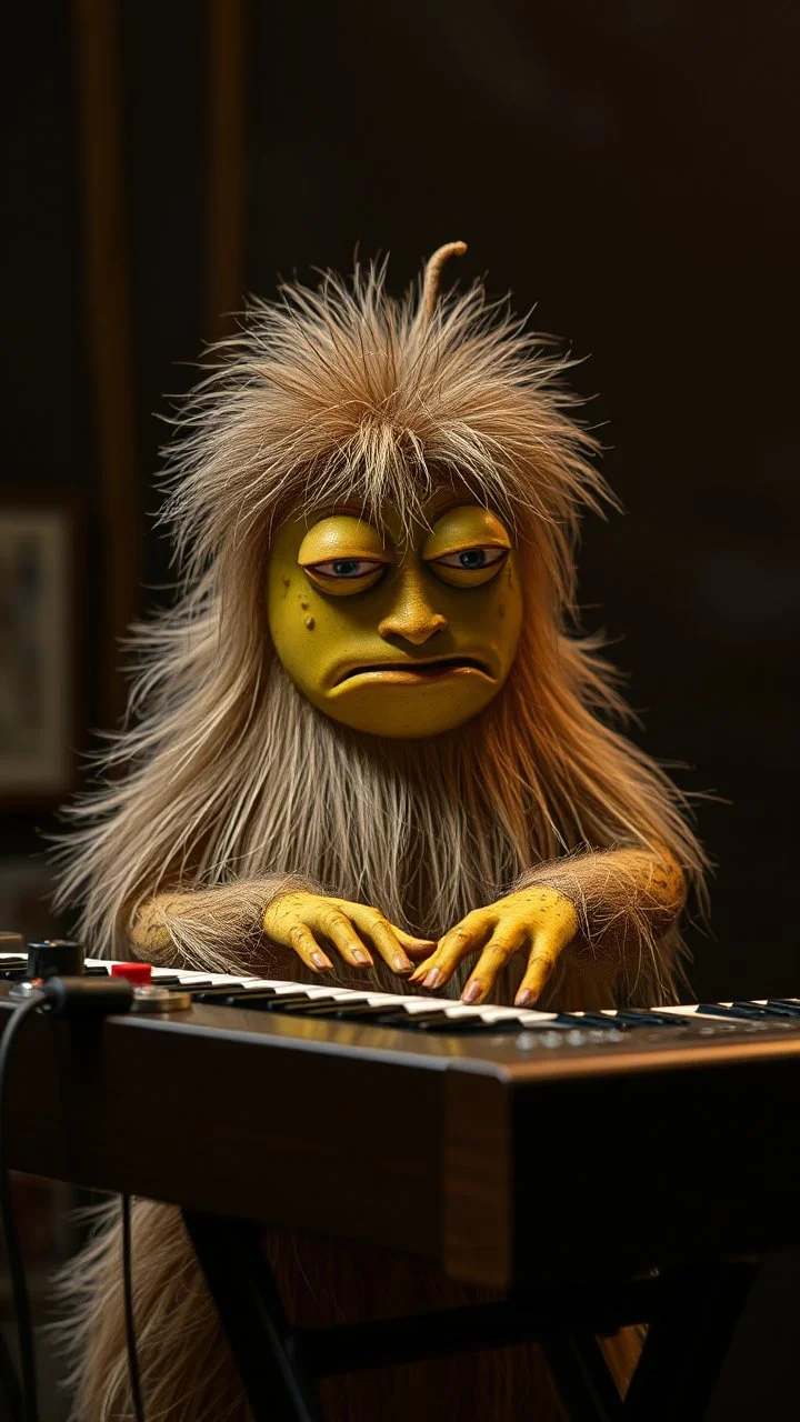 a hairy fruit playing a synthesizer