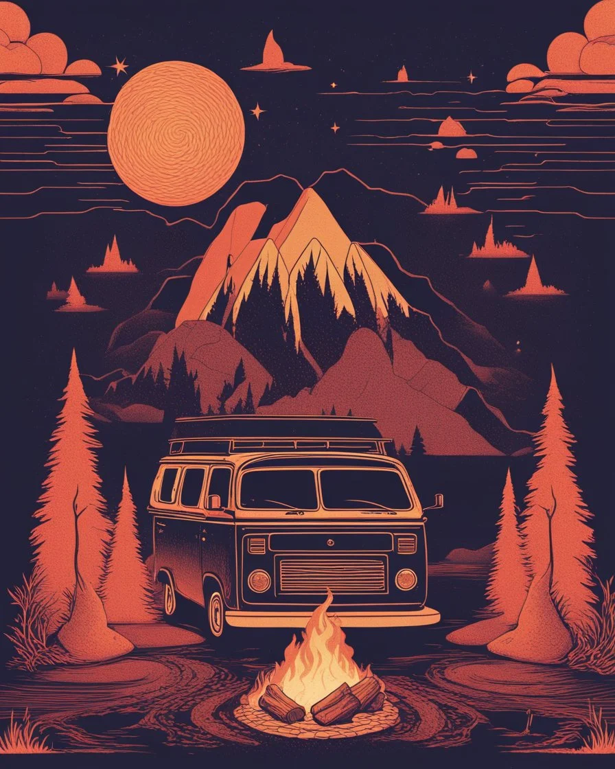 /imagine prompt: Campfire Van::2 Art Nouveau, Pointillism, Iconography, Warm hues, Magical realism, synthwave:: t-shirt vector, center composition graphic design, plain background::2 mockup::-2 --upbeta --ar 1:1