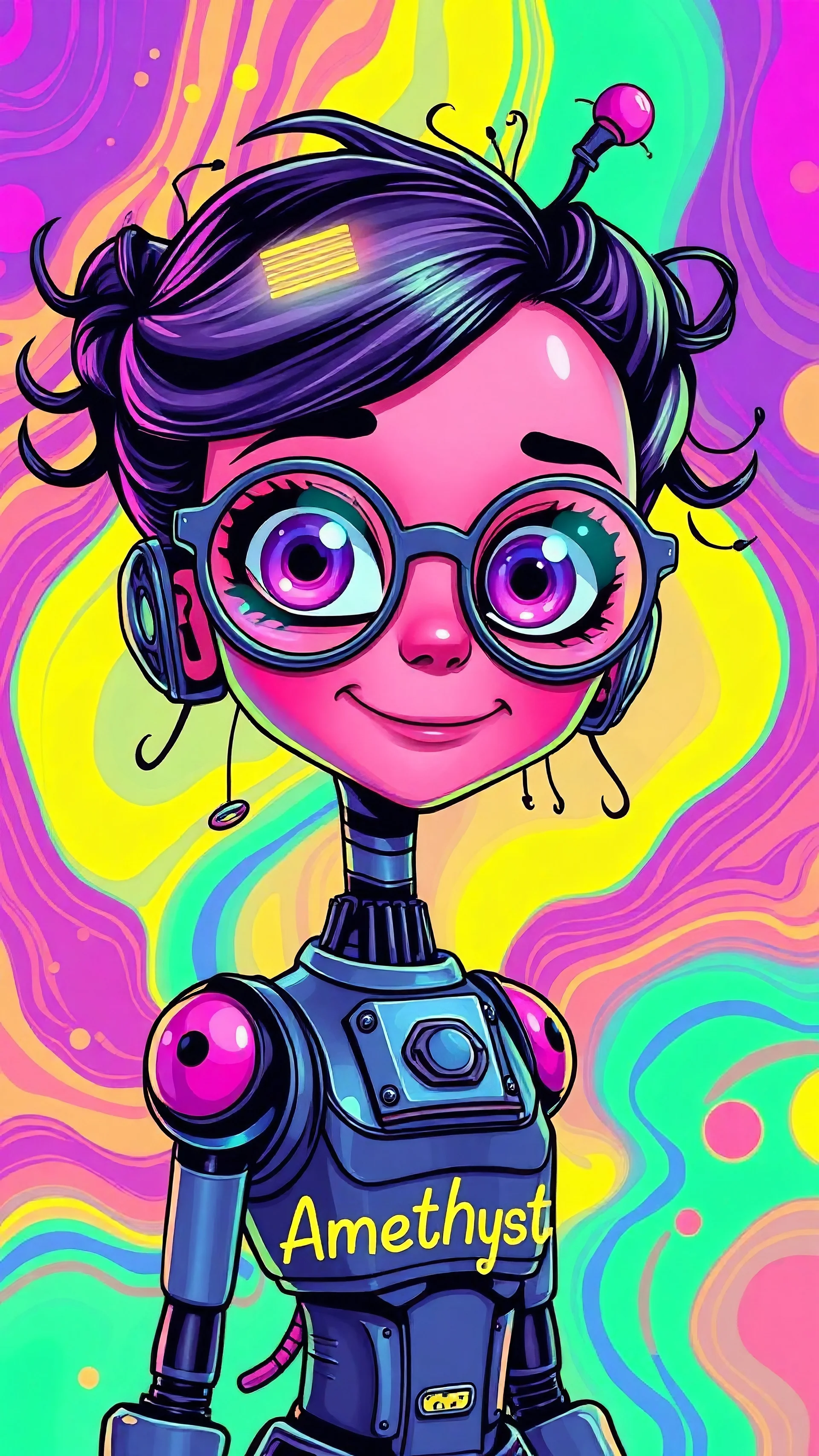 robo surrealism art, psychedelic cartoon illustration of a young lady robo with facial expressions, smiling,bulging big eyes behind large round glasses, panel Electrical in hair, like neon Circuit, vivid rainbow-colored background with fluid abstract shapes and trippy patterns, wearing body Circuit Electrical, high contrast colors like neon yellow, green, pink, blue, and red, comic style shading, surreal and vibrant aesthetic in the style of Marceloocavalhoo, The name "Amethyst" is written in a