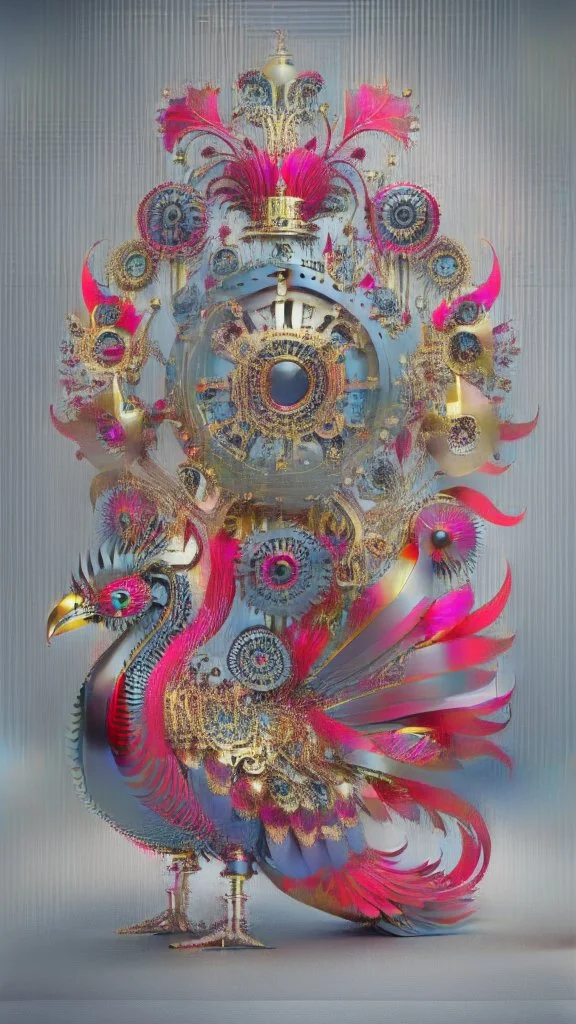 huge red gold black peacock, with clockwork gear on its back, symmetric, mandala, hyper realistic, futuristic, unreal engine5, octane render, 3D rendering, white background, digital art, in the style of Android Jones, mechanism, engine parts, vivid colours, side light, 16k