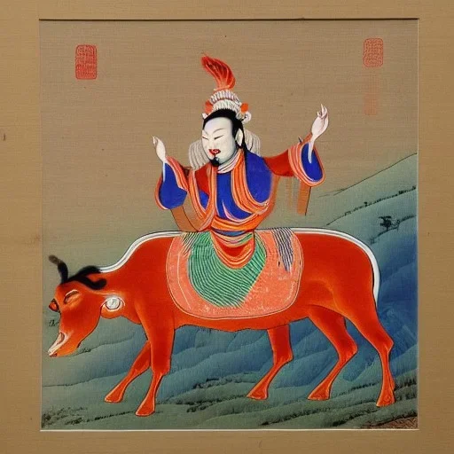 chinese god with thunder bolt in hand riding a indian cow painting