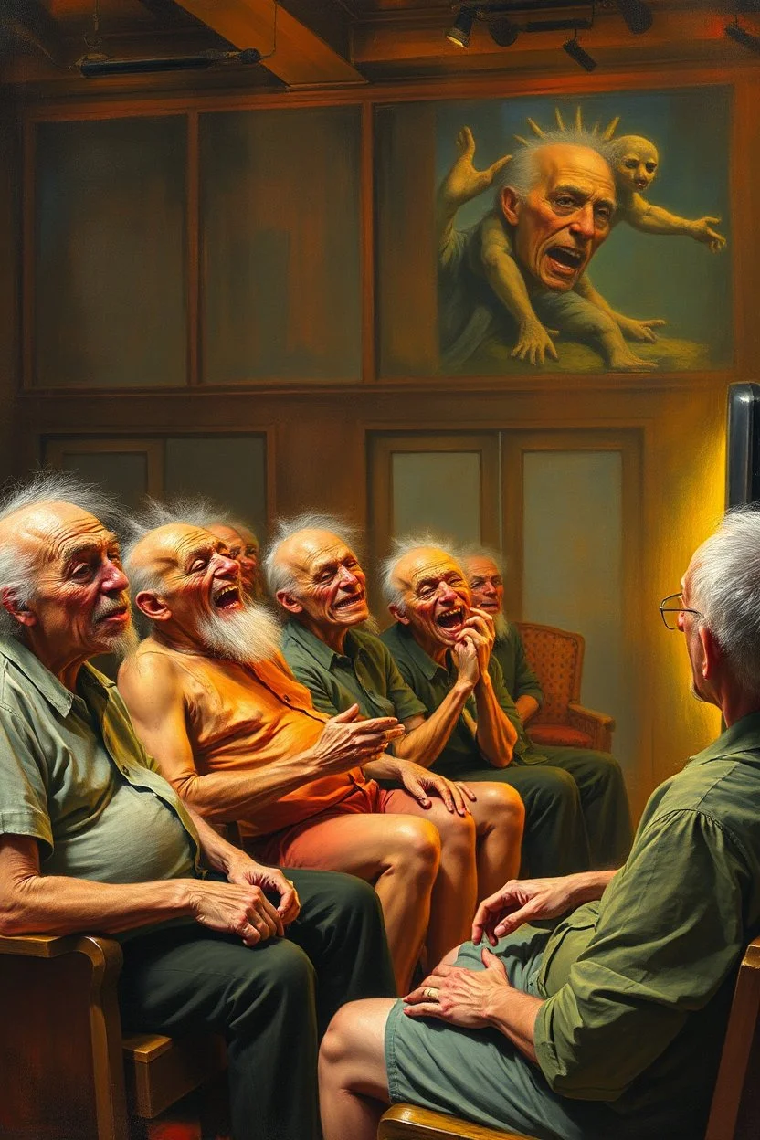 A group of lunatics are sitting in a hall watching television. They are laughing.Busch painting style