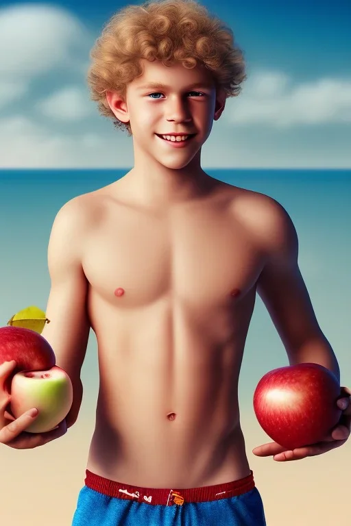 full body image of a beautiful 12 year old boy with long, blonde curly hair and light blue eyes, smiling, shirtless, holding a red apple in his right hand, in front of an distant beach, photorealistic