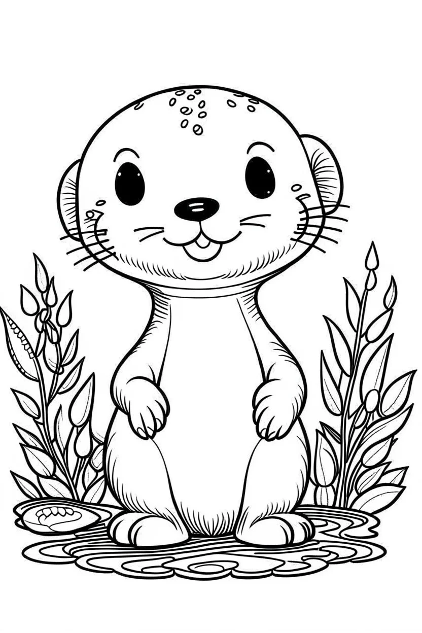 cute coloring page, sketch style, cute baby otter in the wood, cute cartoon, white and black, withe background, no shadows, outline.