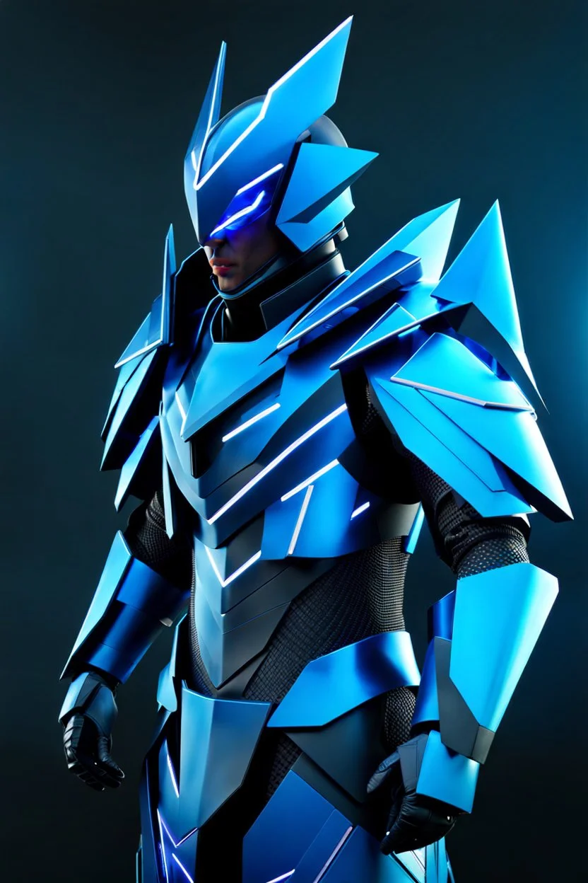 neon blue, flying parts of armor in form of triangles, cyber armor, geometric patterns on armor, male, orbiting triangle, armor drones