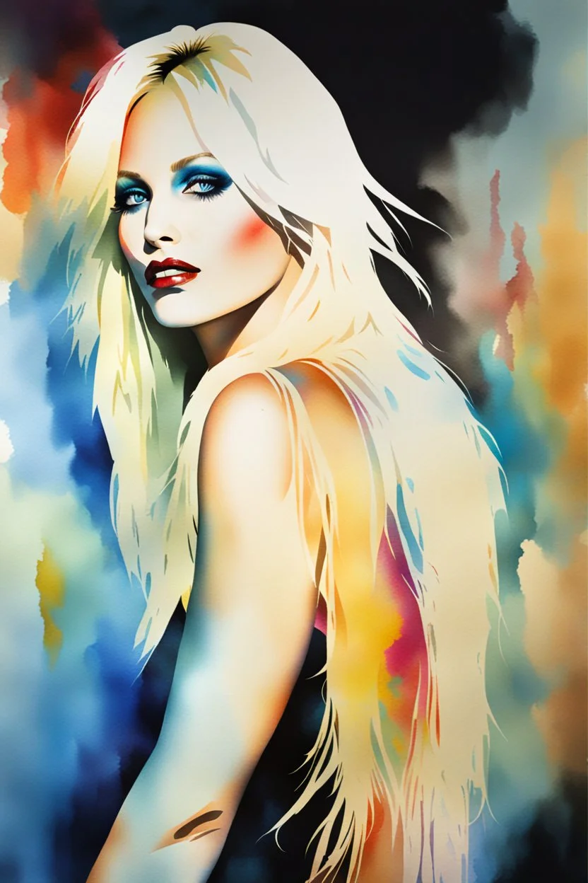 Text "Motley Crue, " A gorgeous blond woman with blue eyes, Miss Motley Crue, bright, colorful, multicolored watercolor stained wall in the background