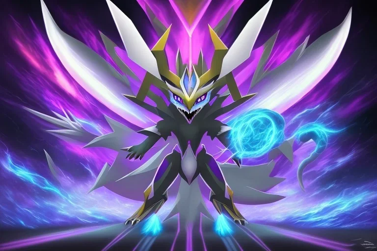 box art legendary pokemon. Chaos. Black and purple colors. big. intimidating.