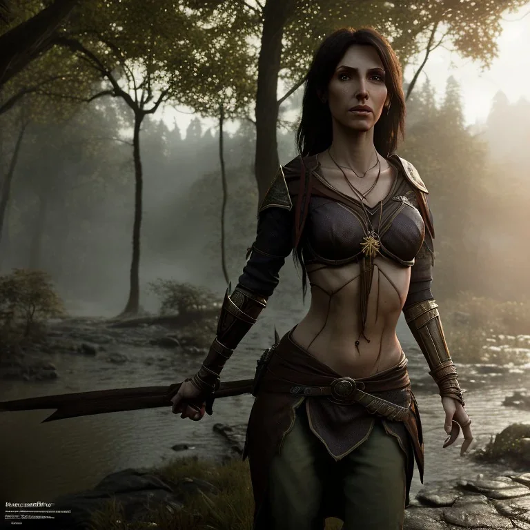 dungeons and dragons, female wood elf, druid, brown hair, brown eyes, full body, realistic face, short hair, large nose, closed mouth, leather armor, one person, blue scarf