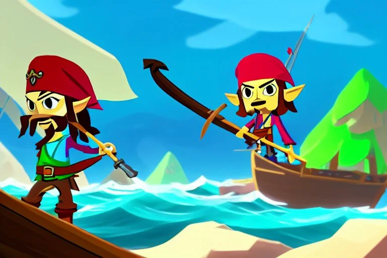 Cartoony Captain Jack Sparrow sailing on a small boat, in the middle of blue oceans, Legend Of Zelda: Wind Waker style, stylized, colorful, adventurous.