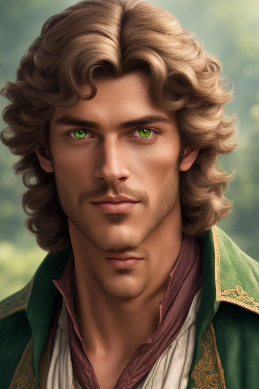 thirty-year-old sorcerer, handsome and kind face, with tanned skin, brown hair and green eyes, dressed as a 18th century countryside teacher