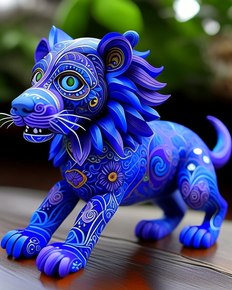A violet cosmic elemental lion designed in Oaxacan alebrijes painted by Karl Wiener