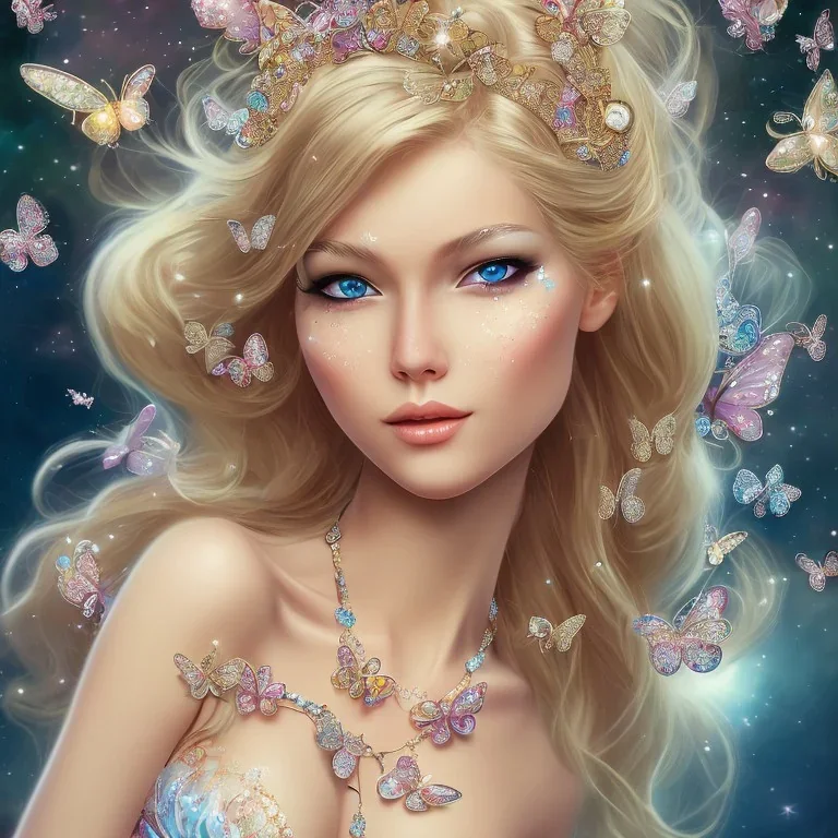  lying down beautiful face princess blond fairy smiling with sparkle jewel bikini and butterflies in hair magic