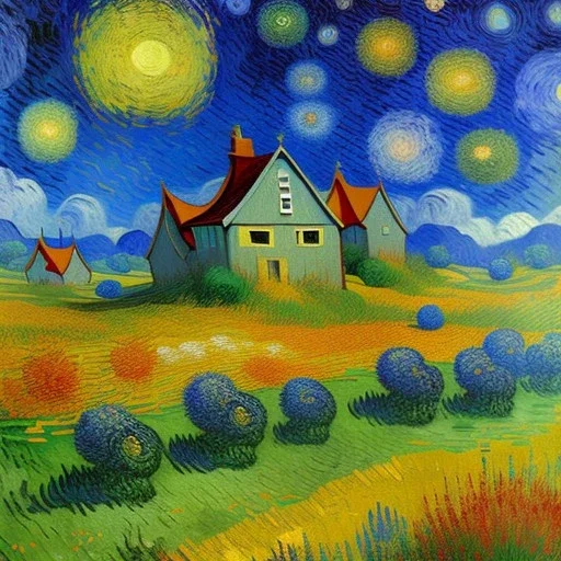 Dibujo al oleo de una pradera con una casa y unos conejos con muchas nubes de colores estilo Vincent van Gogh