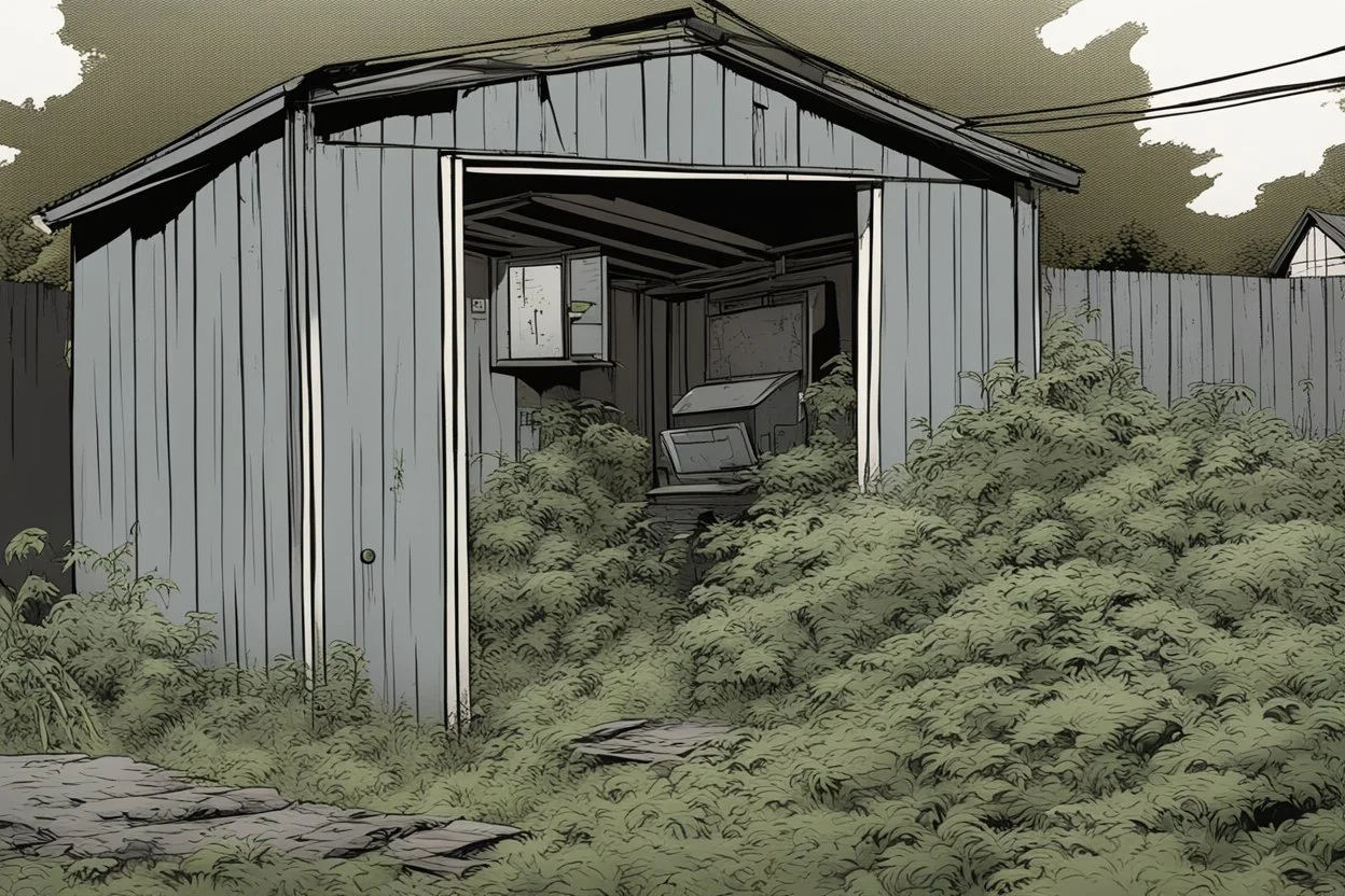 shed, overgrown apocalyptic, grey background, comic book,