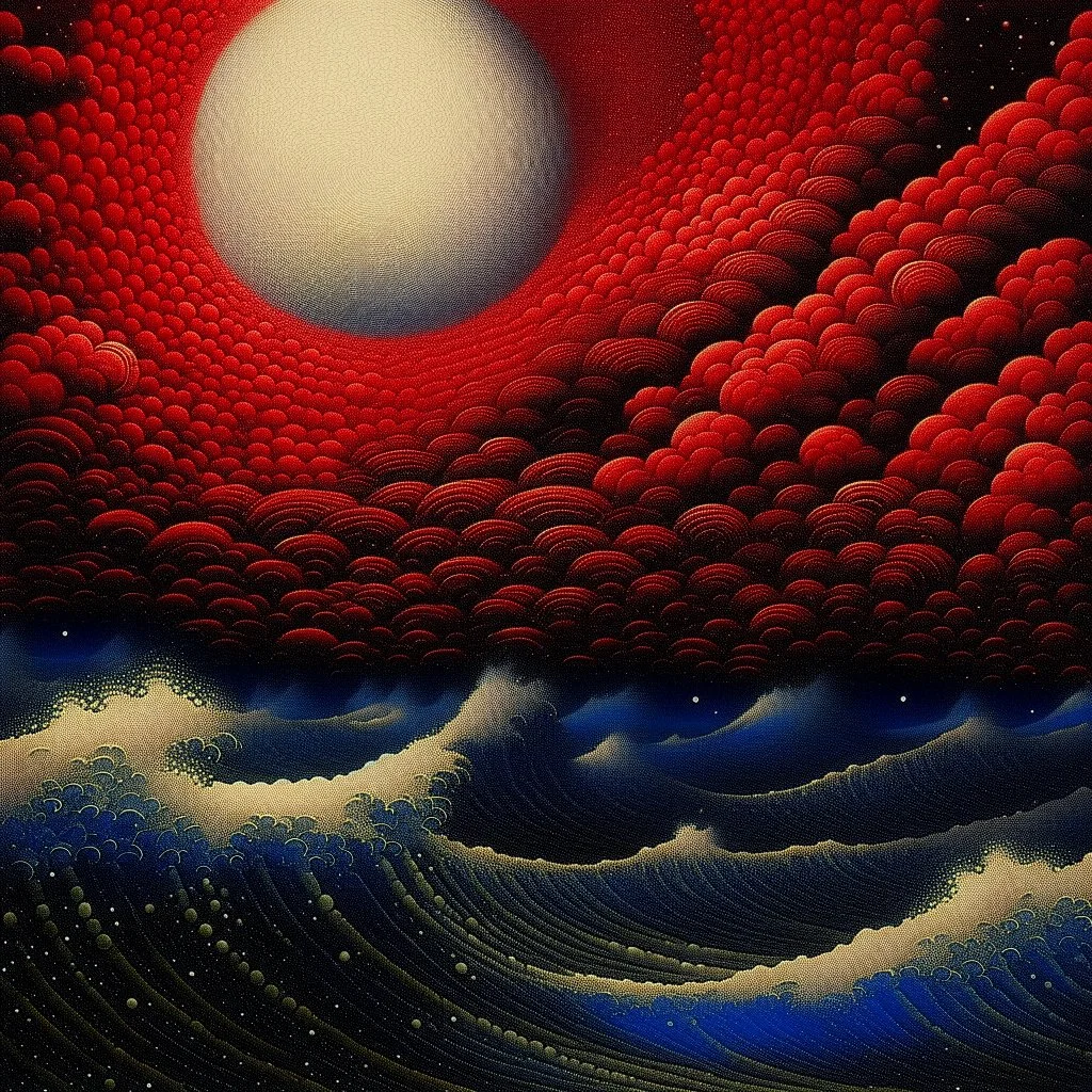 Red Skies at Night: A single integrated pointillist image, animated waves and storm clouds partially occludes the huge moon, nighttime over a trippy tilted storm at sea, strong style of pointillism, style of Mikalojus Konstantinas Ciurlionis, style of Miriam Schapiro, style of Naomi Okubo