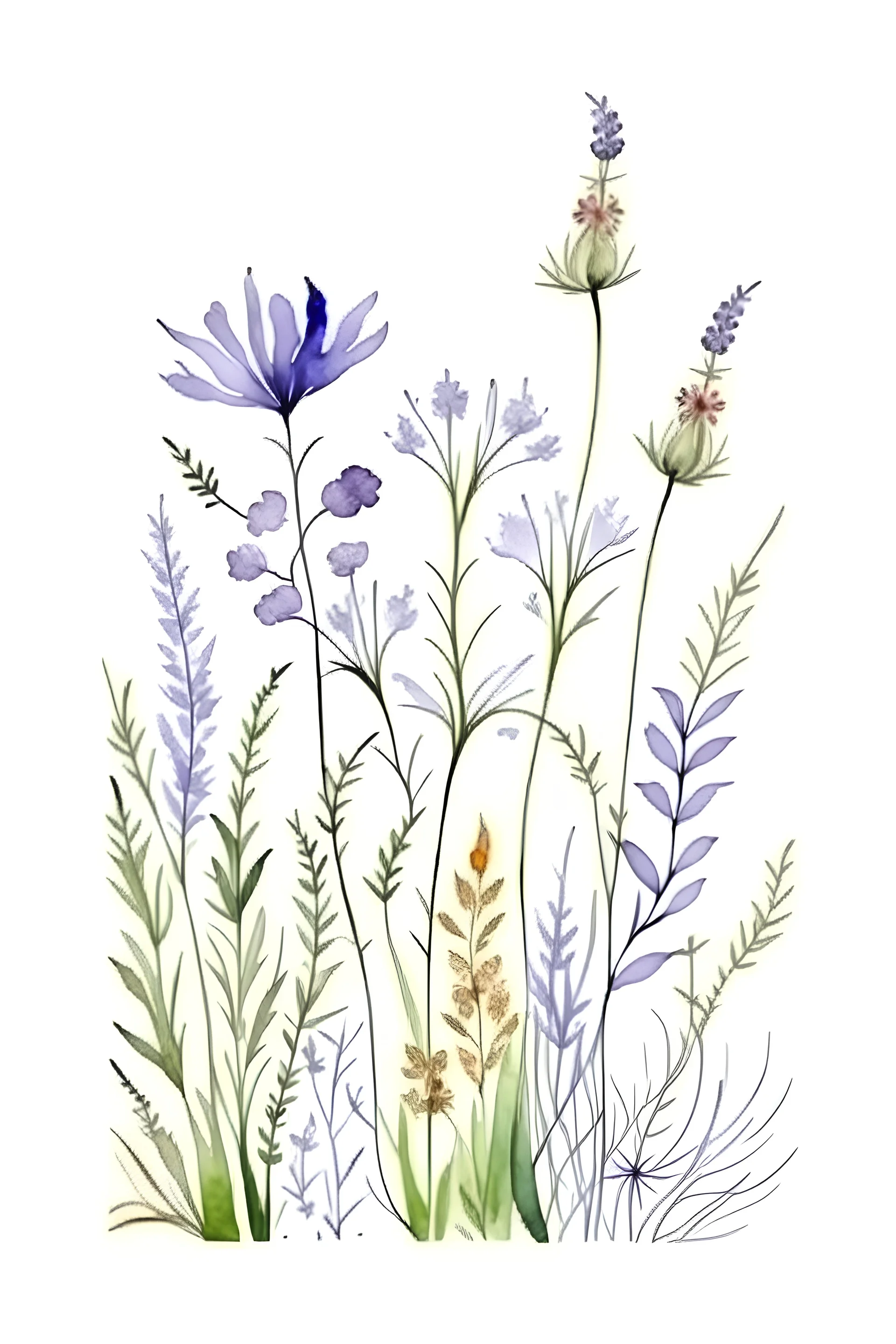 lavender pressed dried flowers in the style of watercolor on a white background --tile