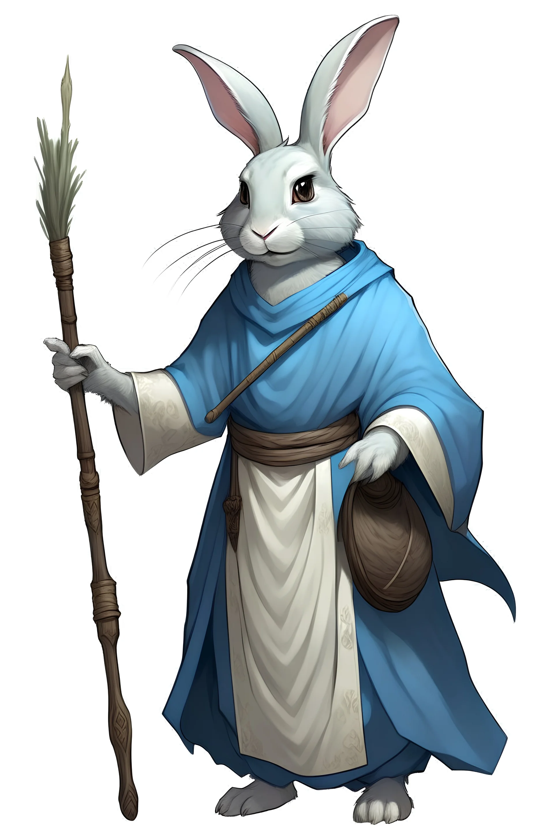 Female rabbit monk dnd wearing light blue and holding a quarter staff