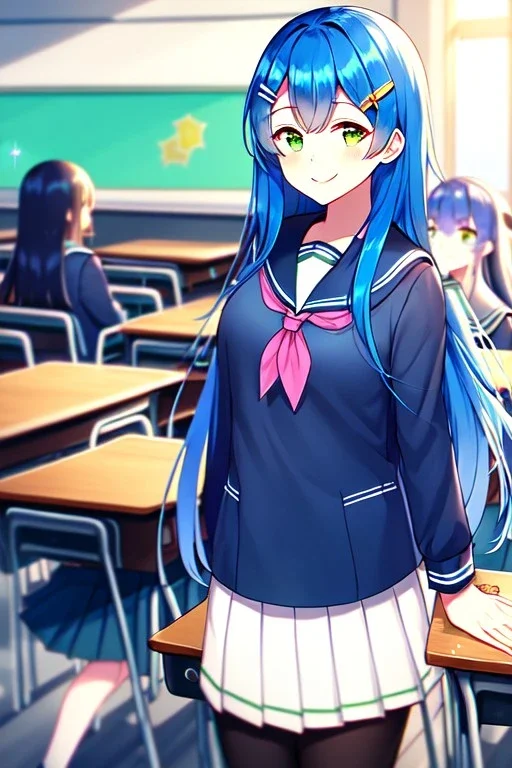 girl, masterpiece, best quality, cinematic lighting, detailed outfit, vibrant colors, perfect eyes, long hair, blue hair, green eyes, hairclip, indoors, ray tracing, god rays, in spring, classroom, sparkle, depth of field, smile, school outfit,