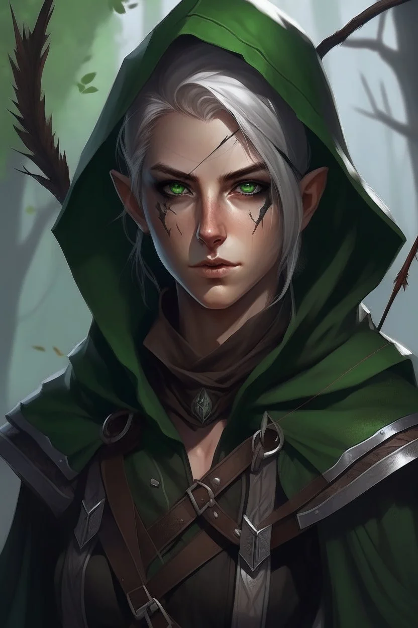 Portrait of gender neutral rogue elf, thief assassin, mauve hair, bright green eyes, brown skin, black hood, black leather armor, messy, disheveled, trees, sneaky, bow and arrows