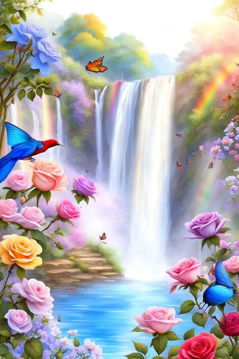 Trés belles roses, rainbows, beautiful colors gardens , flowers, cascades,Birds, butterfly