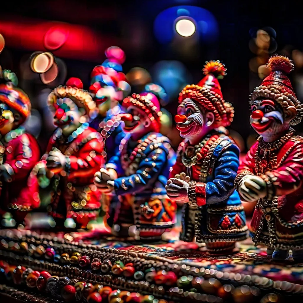 Diorama of clowns in a circus performing something, sharp focus, 8k, 3d, very detailed, volumetric light, grim, fine art, very colorful, ornate, 35mm, F/2.8, insanely detailed and intricate, hypermaximalist, super detailed, decadent