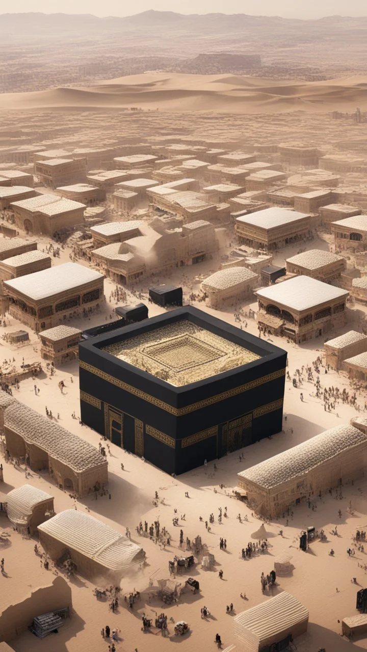 A picture of the Kaaba surrounded by small houses, desert, and people working in trade