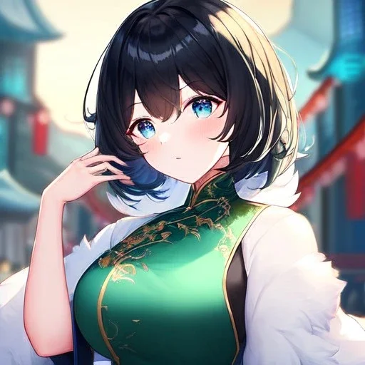 Clear focus,High resolution, Black short fluffy hair, and blue eyes, wearing a Chinese Traditional outfit dark green with black, Blushing, Hand up, white fur around her neck