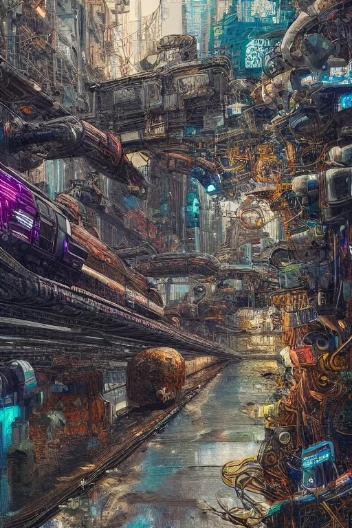 Insanely detailed intricately detailed meticulously detailed hyperdetailed AbstractTech cyberpunk train, high contrast, beautiful landscape, detailed full-color , nature, HD photography, Josan Gonzalez, Tishk Barzanji, Anne Dittmann, perfect composition, gloss, hyperrealism