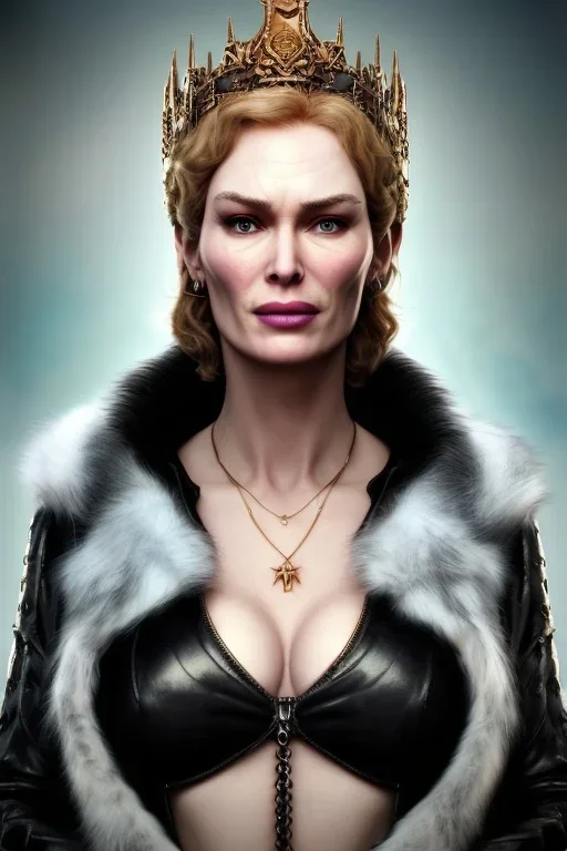 Cersei Lannister as evil queen in black leather and fur, busty, cleavage, curvy, lena headay, angry, stern look. character design by cory loftis, fenghua zhong, ryohei hase, ismail inceoglu and ruan jia. unreal engine 5, artistic lighting, highly detailed, photorealistic, fantasy