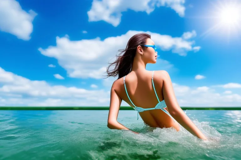 close up shot of very beautiful model girl swimming in water wearing swim suit ,country side ,nice cloudy sky,country houses