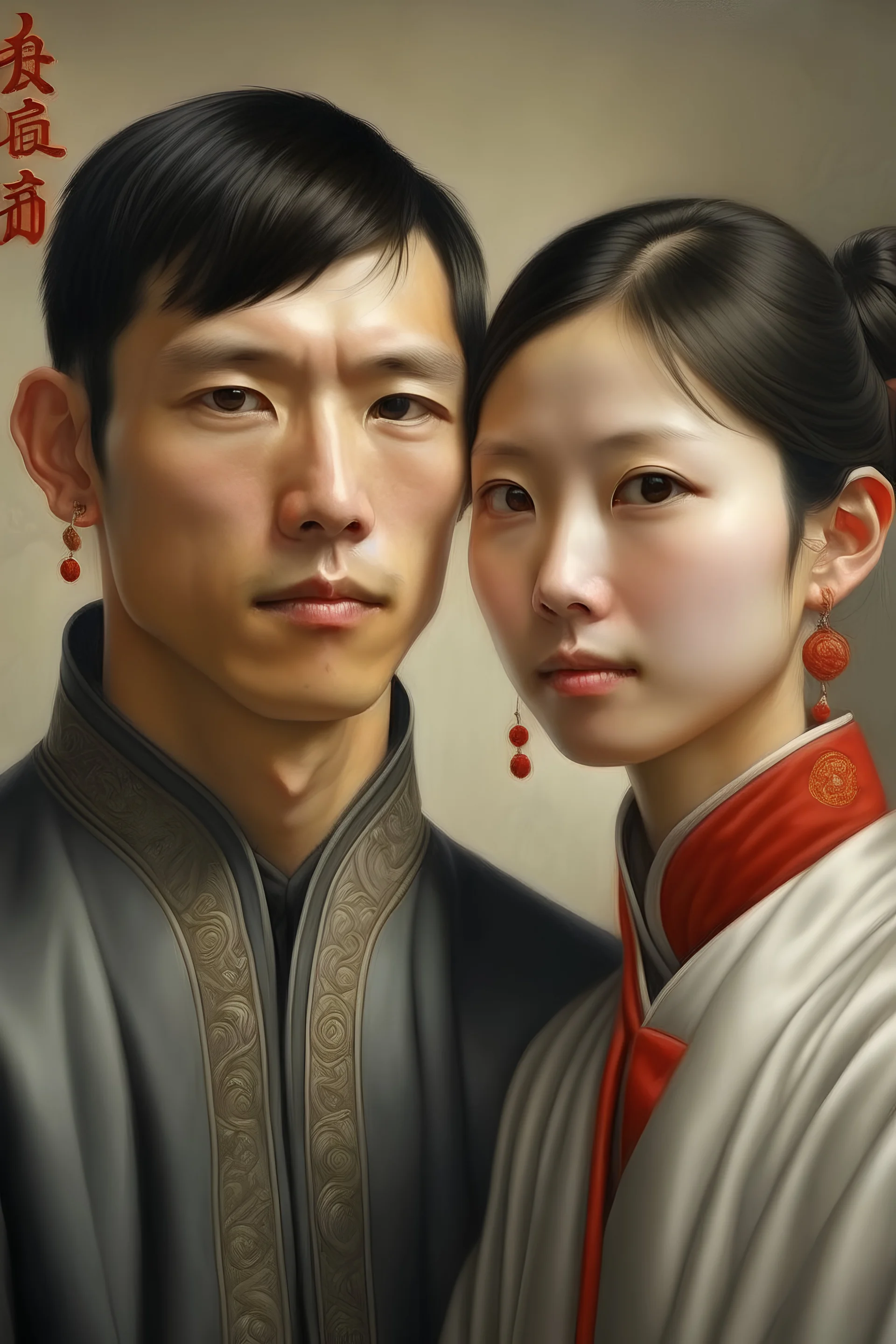 Ein junger Deutscher Mann neben einer jungen Chinesin. Die beiden sind als verliebtes Pärchen im Stil des Realismus dargestellt