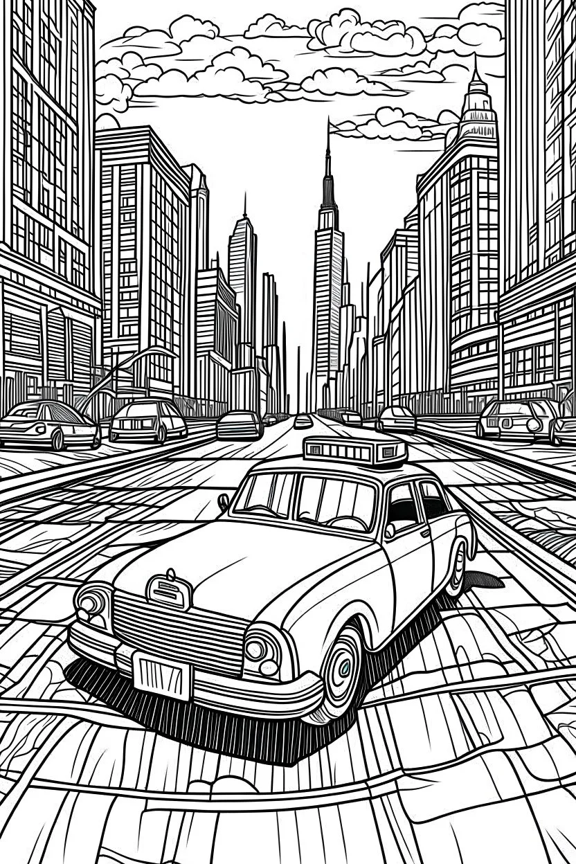 Outline art, no shading, taxi on the road, cartoon style, black and white, low detail, --ar 9:11