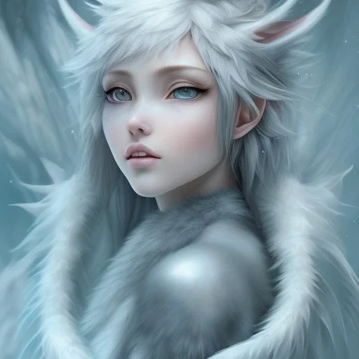 icy blue, anime, elve wolf creature ,feathers , fae, majestic, ominous, ice, scales,frost on skin, dnd character portrait, intricate, oil on canvas, masterpiece, expert, insanely detailed, 4k resolution, retroanime style, cute big circular reflective eyes, cinematic smooth, intricate detail , soft smooth lighting, soft pastel colors, painted Rena