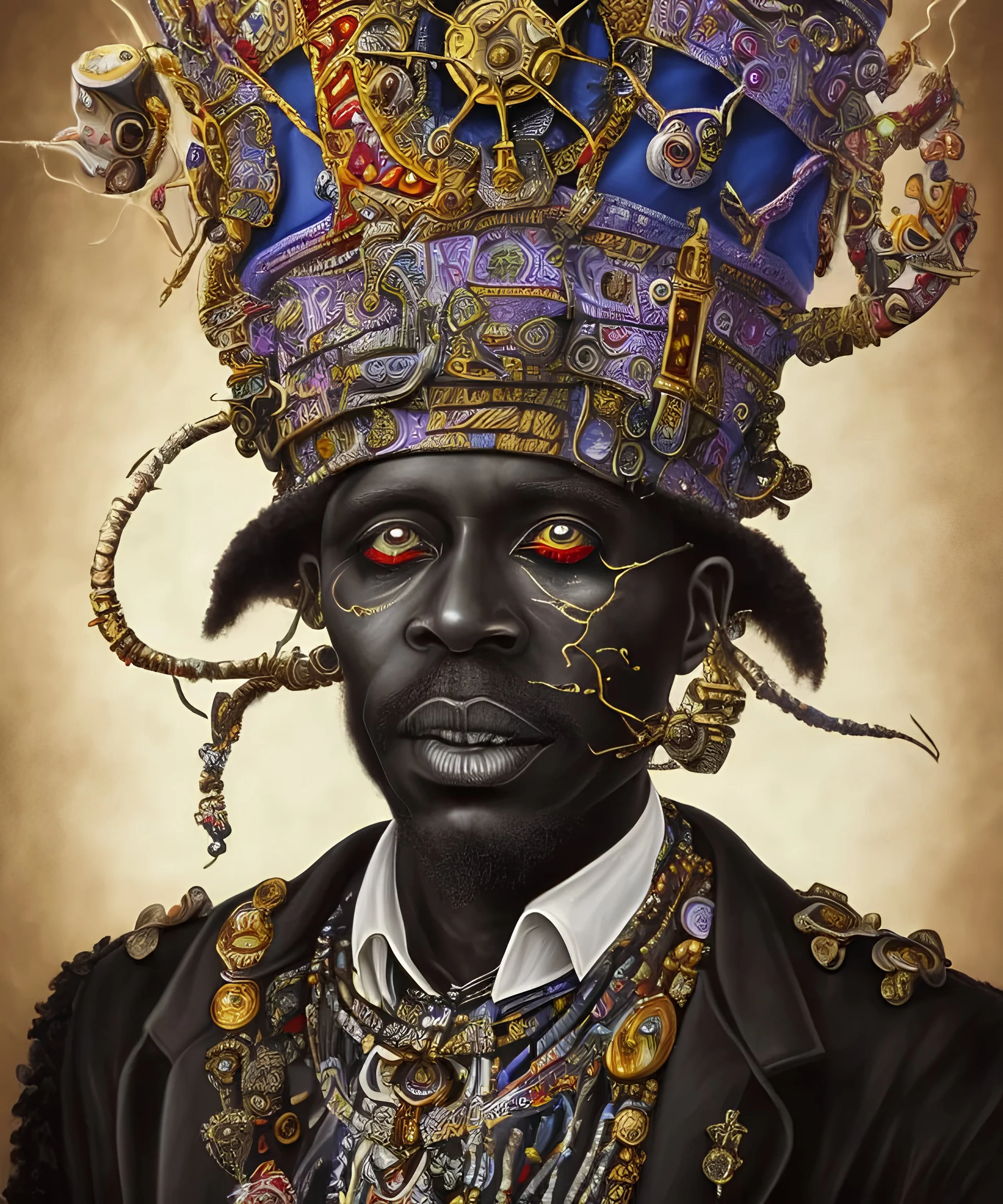 portrait de Papa Legba, roi des zombies , baron samedi, prince des ténèbres, marchand d'âmes, vaudou haïtien , avec chapeau haut de forme, caricature, halo d'énergie autour de lui, très coloré, très détaillé, très intriqué, très réaliste, très précis, angle parfait, reflets discrets, magnifique,majestueux, royal, arrière plan nuit étoilé , hdr, 16k, octane effect, unreal engine, cinema 4d