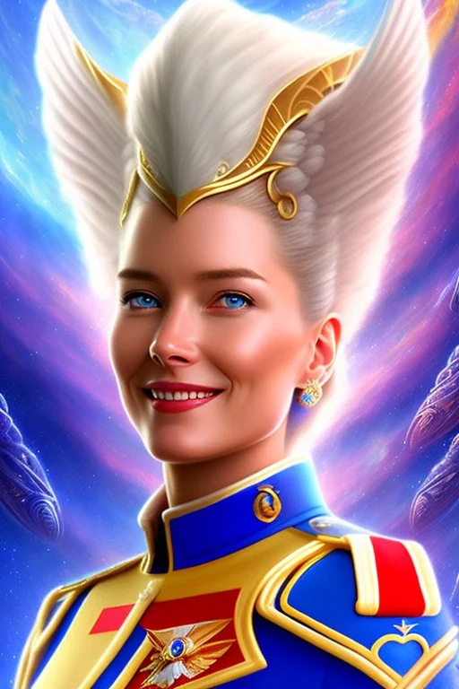 young cosmic woman admiral from the future, one fine whole face, large cosmic forehead, crystalline skin, expressive blue eyes, blue hair, smiling lips, very nice smile, costume pleiadian,rainbow ufo Beautiful tall woman pleiadian Galactic commander, ship, perfect datailed golden galactic suit, high rank, long blond hair, hand whit five perfect detailed finger, amazing big blue eyes, smilling mouth, high drfinition lips, cosmic happiness, bright colors, blue, pink, gold, jewels, realistic, real