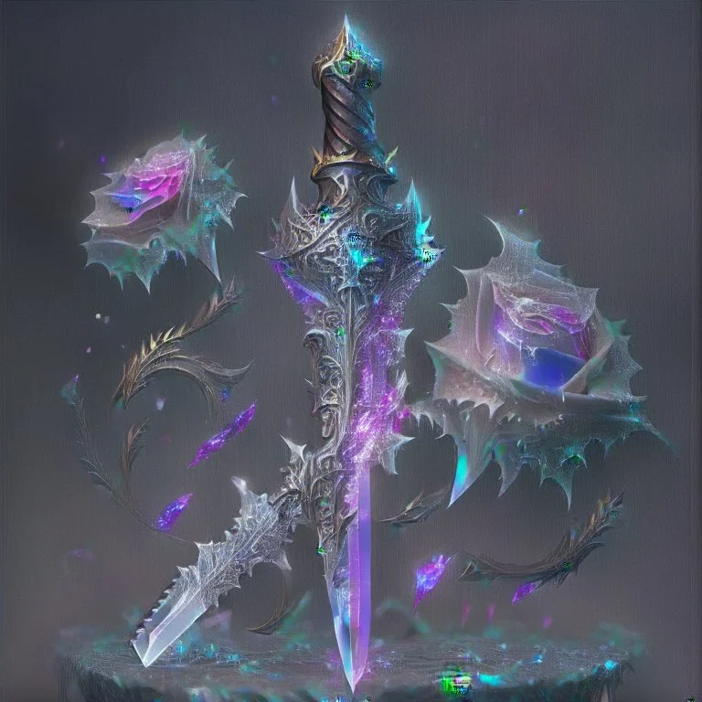 A fantasy zweihander, the blade is made up of glimmering ice, it's hilt is crafted from swirling vines, leading to a vibrant rose crystal at the pommel, with a black background behind it.