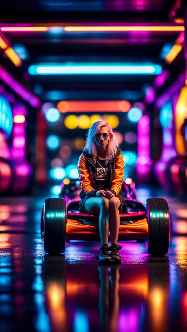 dragster stunt woman sitting on a hipster car parked in dark neon lit reflective wet arcade hall tunnel,bokeh like f/0.8, tilt-shift lens 8k, high detail, smooth render, down-light, unreal engine, prize winning