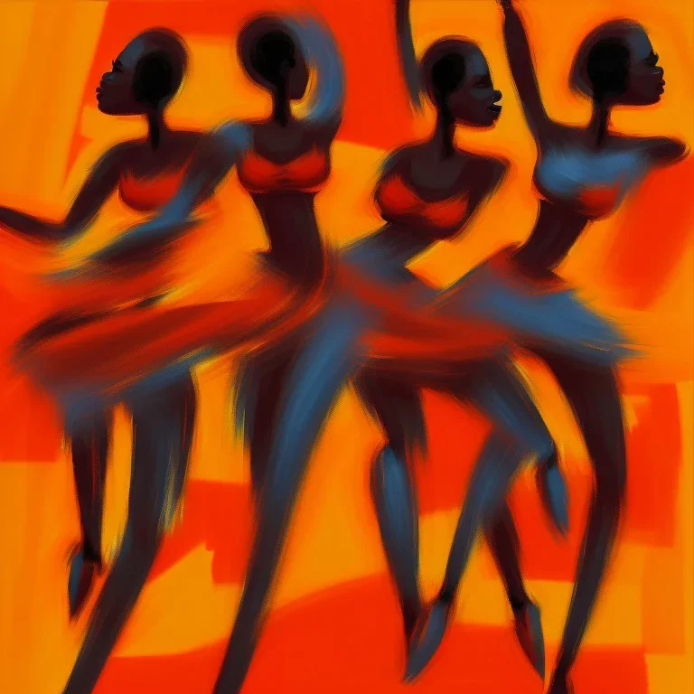 an abstract painting with figures of three African women dancing