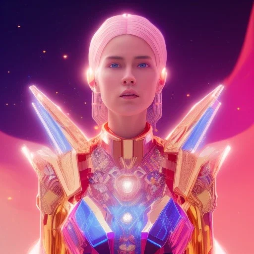 A portrait of a crystalised blue pink extraterrestrial, gold, diamonds, sunny background, atmospheric, realistic, unreal engine, 8k. Cinematic lighting, octane render.