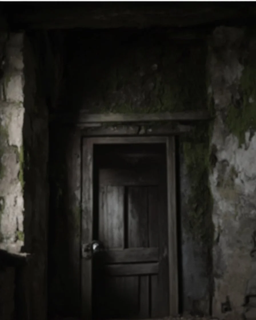 An ancient, weathered door stands in an abandoned house, shrouded in deep, engulfing darkness. The walls are rough and covered in moss and dust, with wooden beams crumbling and floors uneven. The faint light coming from a small particle of the philosopher's stone, placed mysteriously near the door, emits a warm, surreal glow, contrasting with the surrounding darkness. The stone’s light weakly illuminates the nearby area, casting long, eerie shadows. The atmosphere is thick with mystery and tensi