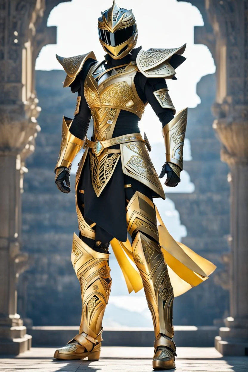 Full body photography,front_view,power ranger looking at viewer,traditional dress ornaments mechanical_armor,intricate armor, delicate golden filigree, intricate filigree, black metalic parts, detailed part,desert background, dynamic lighting